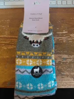 Womens Merino Wool Welly Boot Highland Cow Socks Sz 4-7 photo