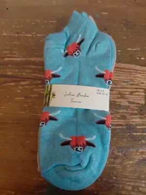 3 x Pairs of Womens Bamboo Highland Cow Trainer Socks Sz 4-8 Blue/Rose photo